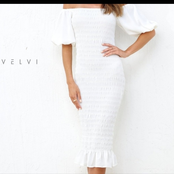 VELVI White Shirred off shoulder dress - Picture 1 of 5